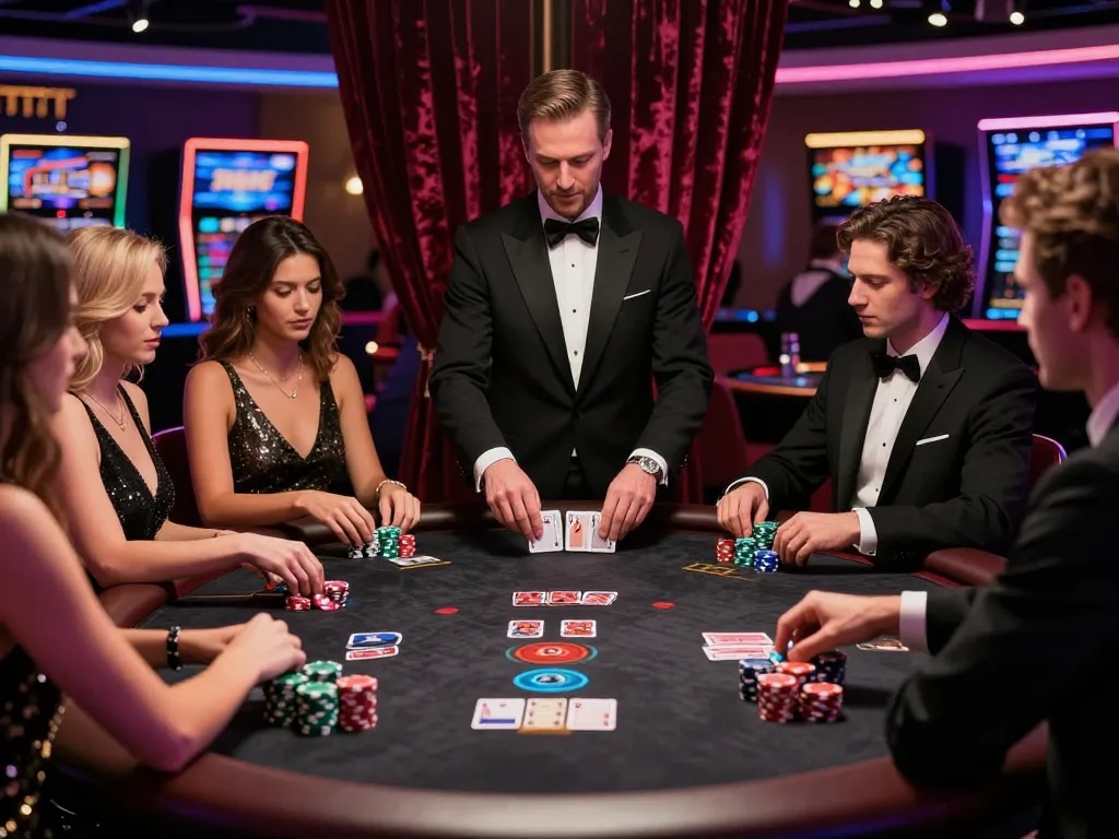 Engaging moment at HITCLUB blackjack table with players and dealer in action.