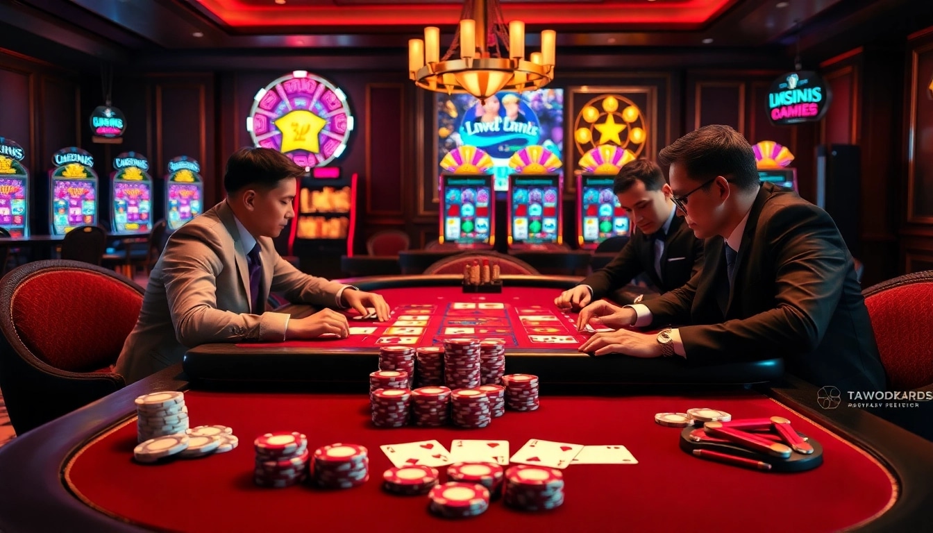 Experience excitement at https://ta88.help/ with vibrant casino scenes filled with poker chips and players.