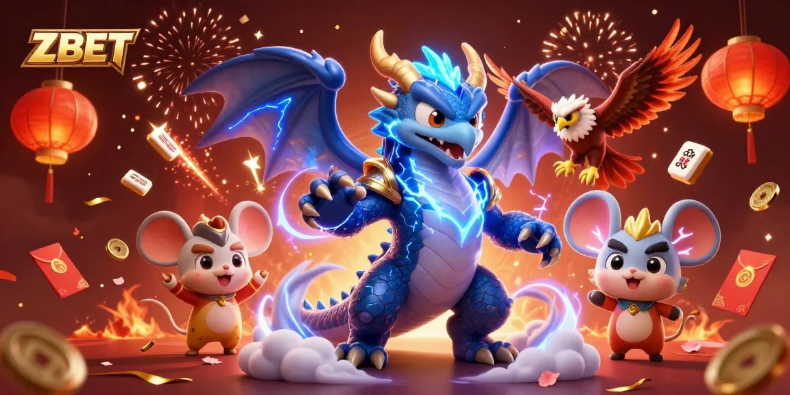 ZBET ignites excitement with a dynamic dragon, hawk, and mouse in a vibrant casino celebration