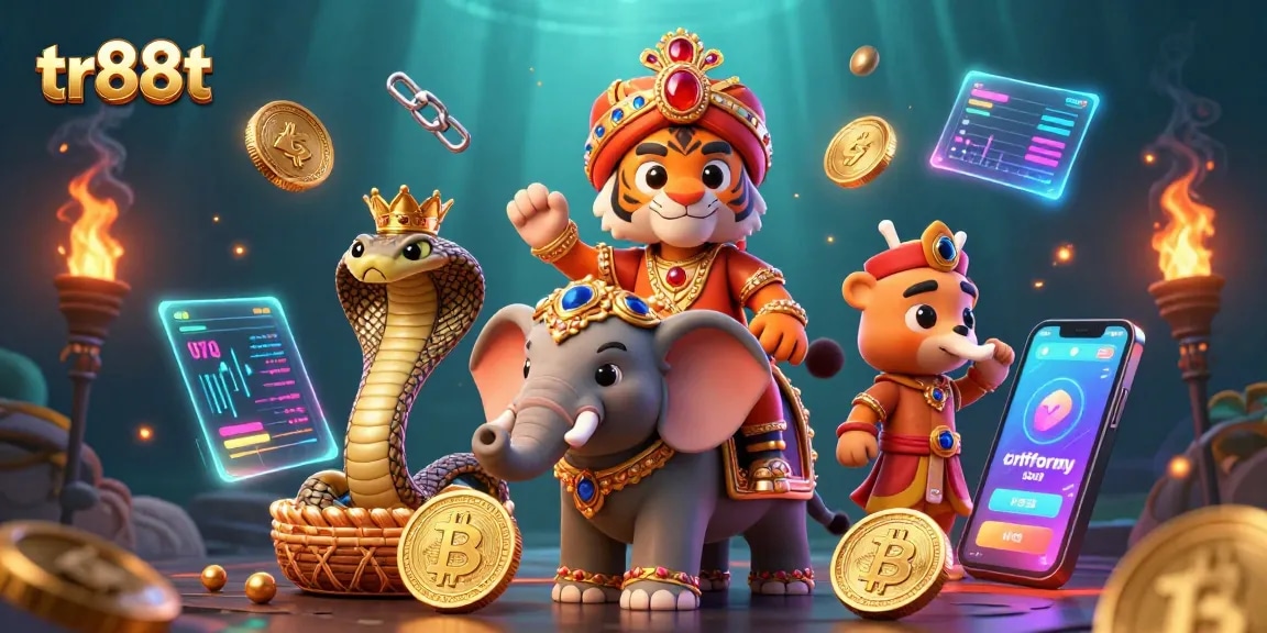 Play at tr88t for an immersive gaming experience with a cartoon maharaja and crypto elements.