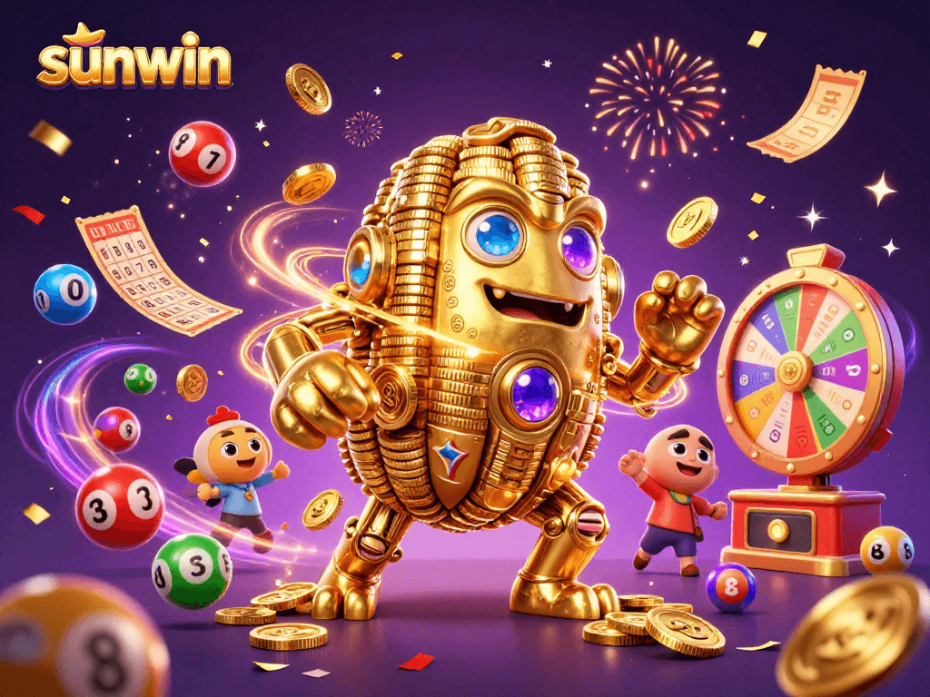 Engage with sunwin for vibrant lottery excitement featuring a golden golem and festive elements.