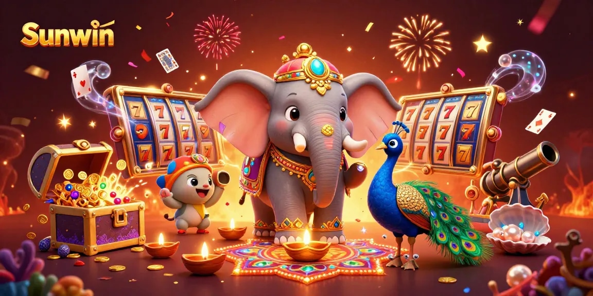 Sunwin offers exciting casino experiences, featuring a vibrant Diwali-themed scene with elephants and jackpots.