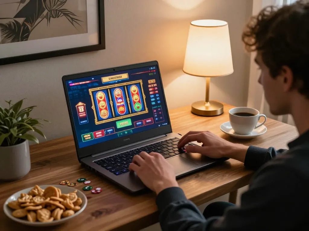 Engaging in online casino games at home using uk88 com on a laptop in a relaxed setting