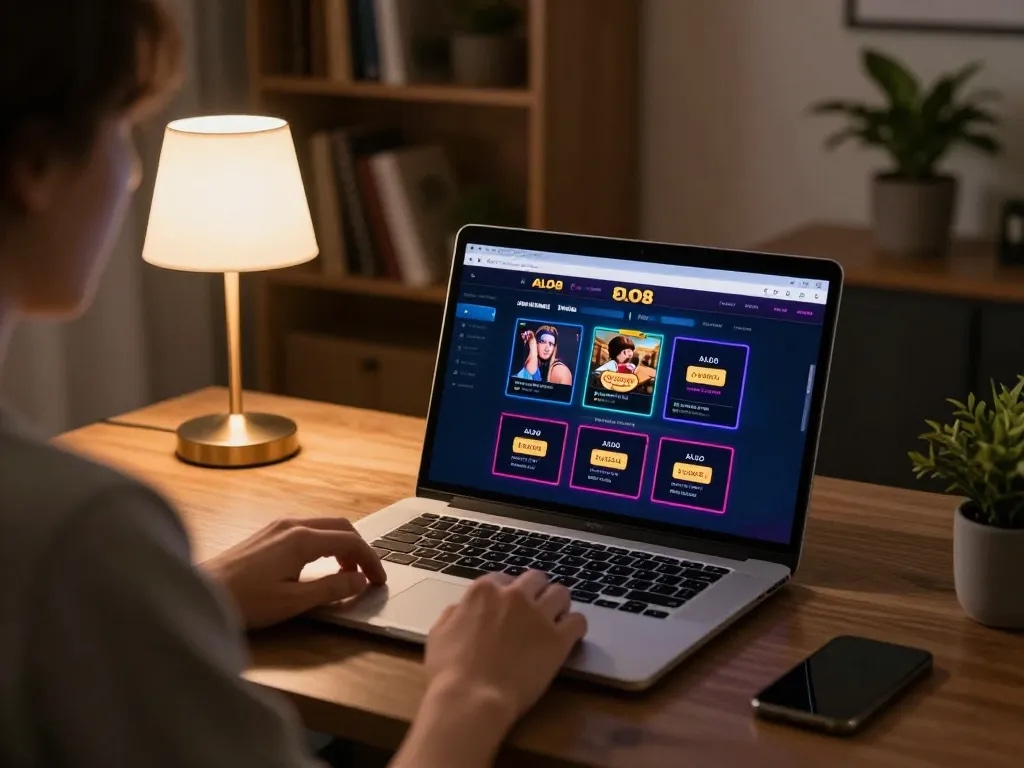 Person engaging in strategic online gambling at ALO8 platform on a laptop with warm ambiance