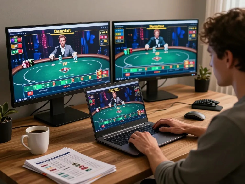 Player focusing on strategies and poker hands with 92slot interface in a stylish home setup.