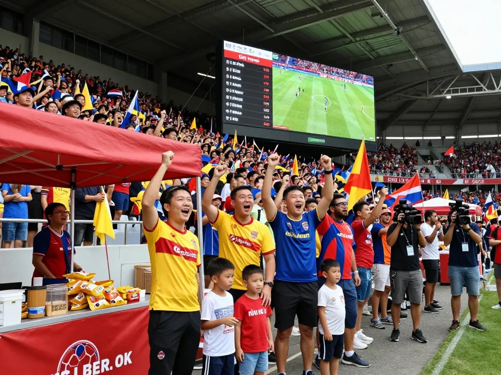 Exciting live football match scene showcasing tỷ lệ kèo bóng đá with enthusiastic fans and vibrant atmosphere.