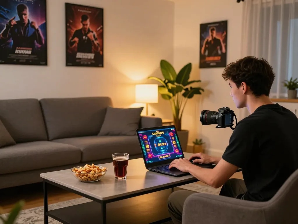 Gamer enjoying online casino games on o8 platform in a cozy living room setting.