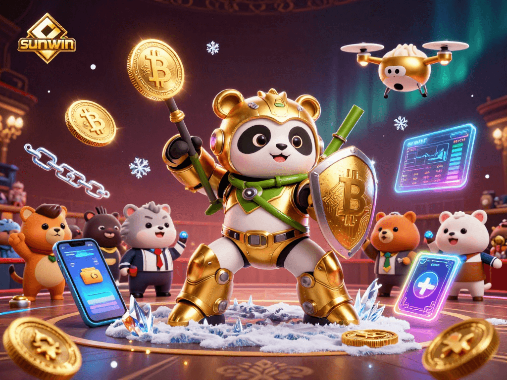 Engage with sunwin's exhilarating casino experience showcasing vibrant 3D visuals filled with crypto elements.