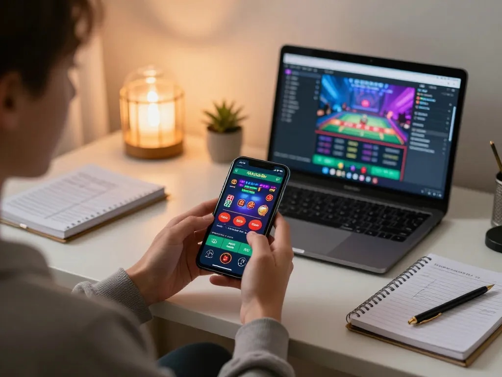 Engaging in online gambling through the hitclub5br app on a smartphone while strategizing in a cozy home office.