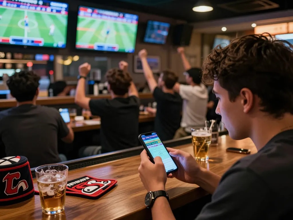 Betting excitement at TIP88 with enthusiastic players watching live sports and using mobile apps.