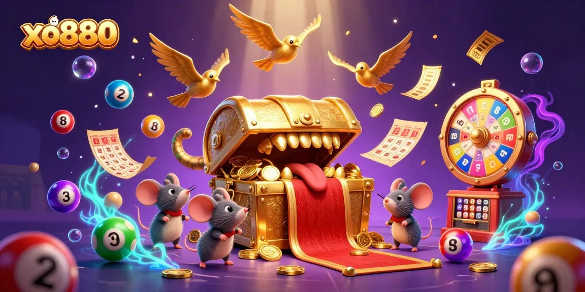 Experience the thrilling world of xo880 with a treasure chest luring adventurer mice amid vibrant gambling elements.