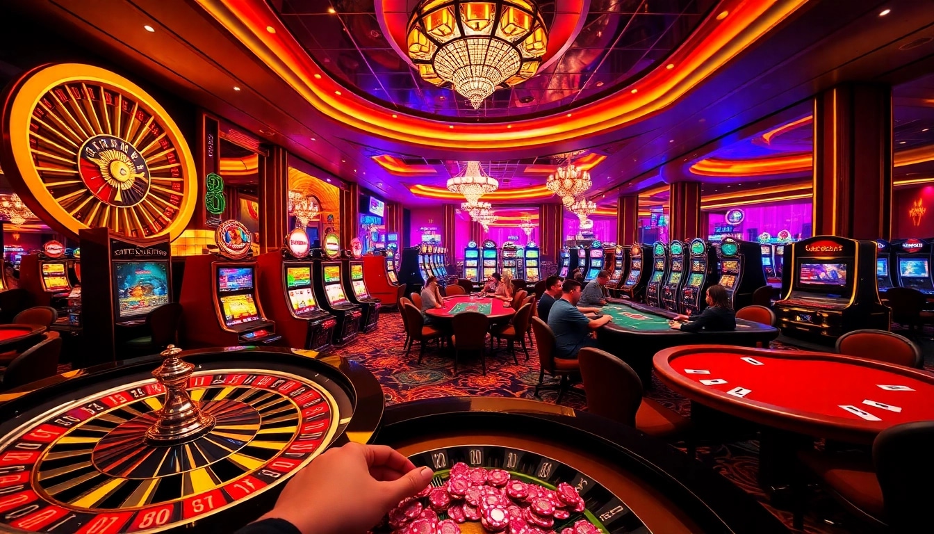 A thrilling casino experience at 88 vn featuring roulette wheels, vibrant slot machines, and excited players.