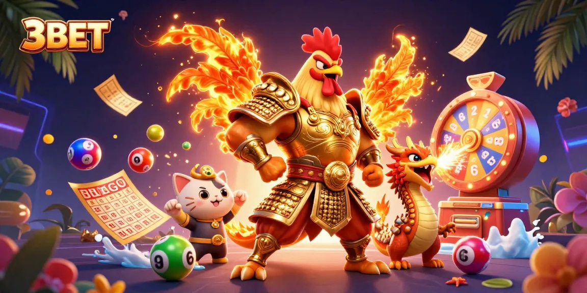 Engage in exciting wins with 3BET's dynamic scene featuring colorful gambling elements and cartoon warriors.