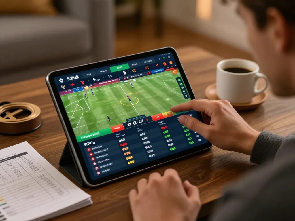 Engaging in online sports betting, showcasing Sky88 uy tín on a tablet with live odds and strategy notes.
