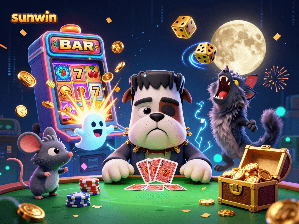 Experience the excitement of sunwin under a spooky casino scene featuring a bulldog dealer and jackpot fireworks.