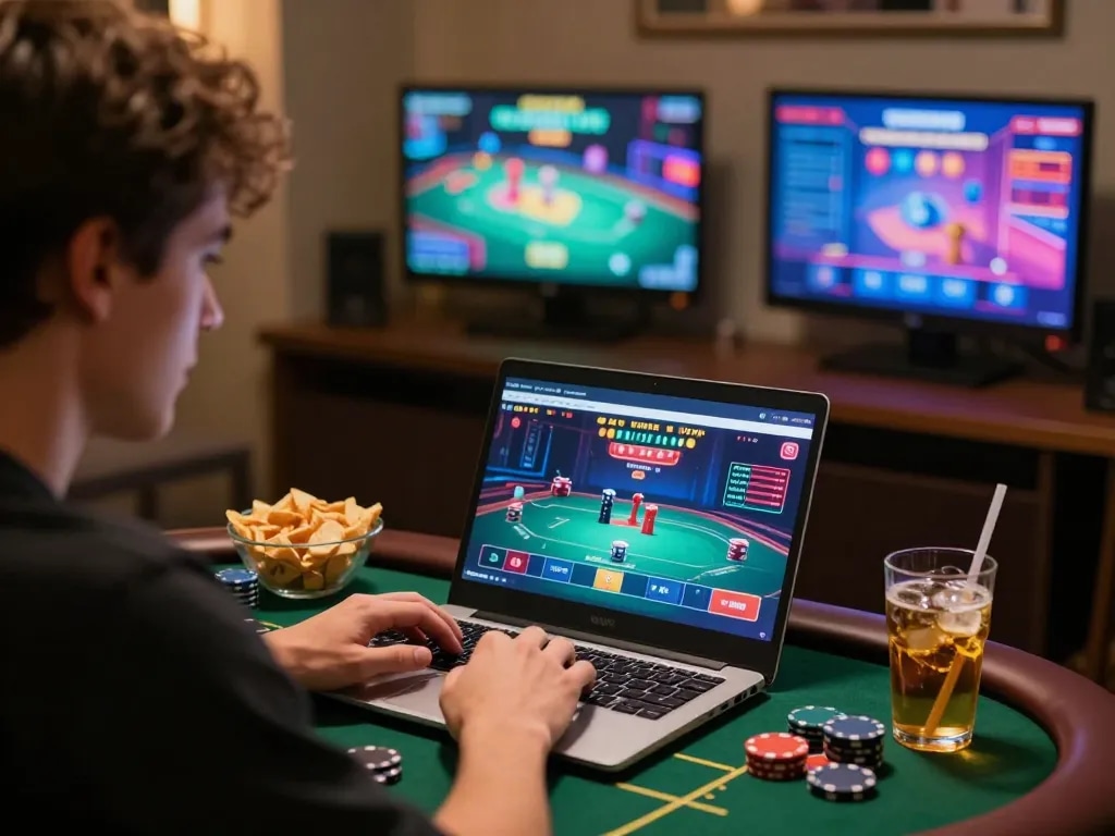 Player engaged in online poker at home, showing alo 8 gaming interface with ambient lighting and snacks.