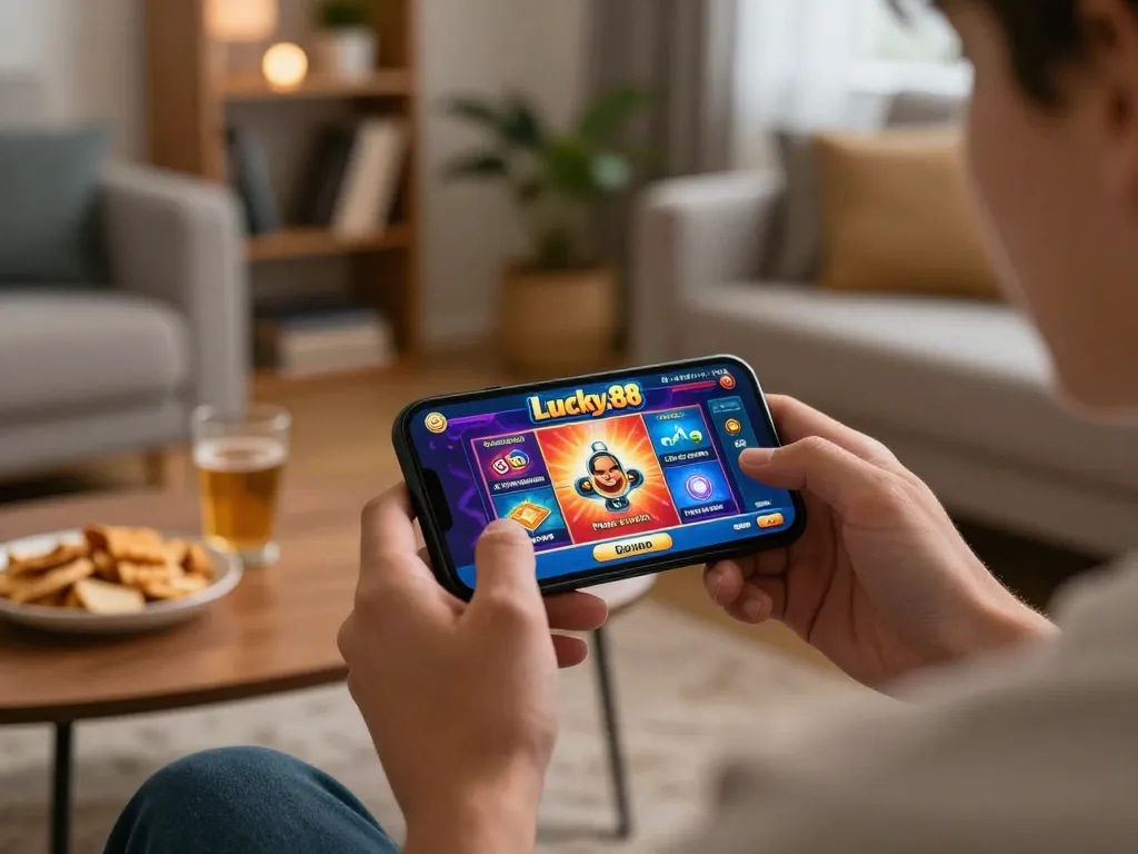 Engaged player using lucky88 free chat feature while gaming on mobile in a cozy home setting.