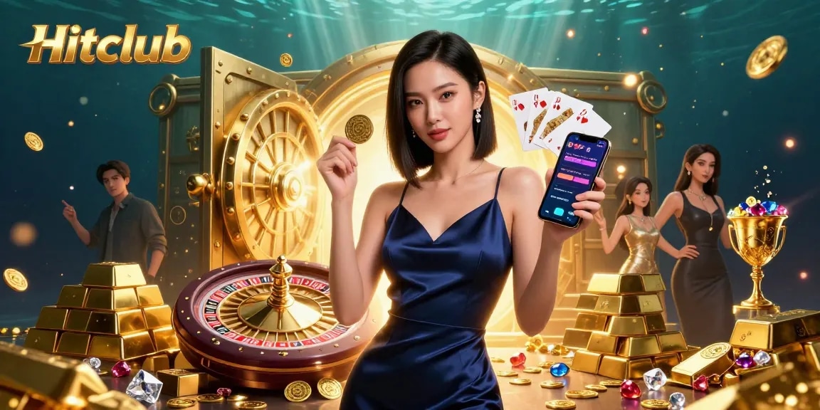 Hitclub showcases a stunning Asian woman engaging with a casino app, surrounded by winning treasures.