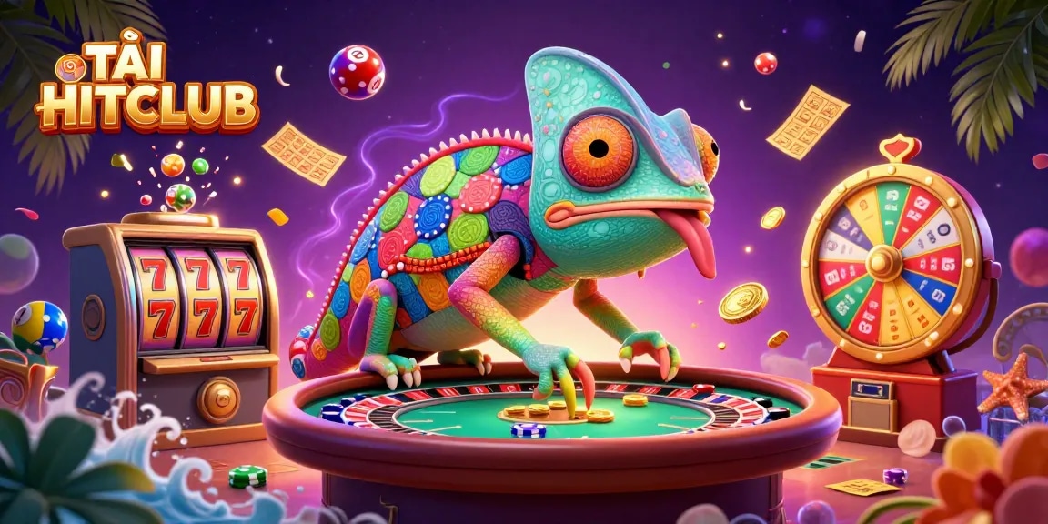 Experience excitement with TẢI HITCLUB, featuring an animated chameleon casino owner amidst colorful gambling elements.