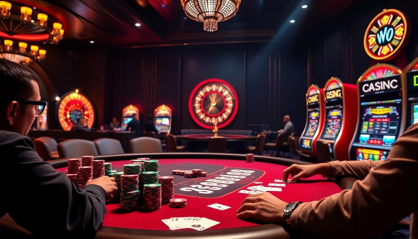 Các game thủ dày dạn kinh nghiệm đang lập chiến lược tại bàn poker KO66, được bao quanh bởi những chip sặc sỡ và bánh xe roulette.