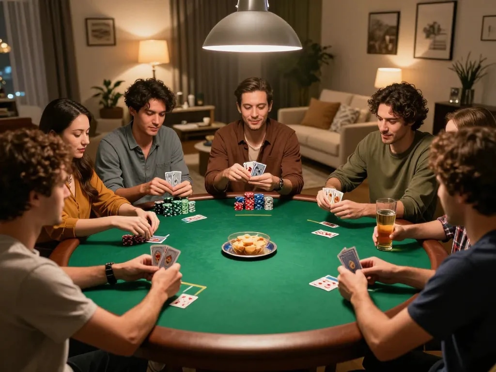 Friends playing poker during an exciting home game night at TIP88, showcasing strategy and social interaction.