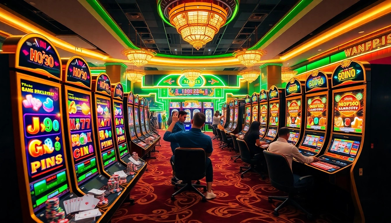 Nổ Hũ Miễn Phí slot machines in a vibrant casino scene, capturing excitement and luxury for players.