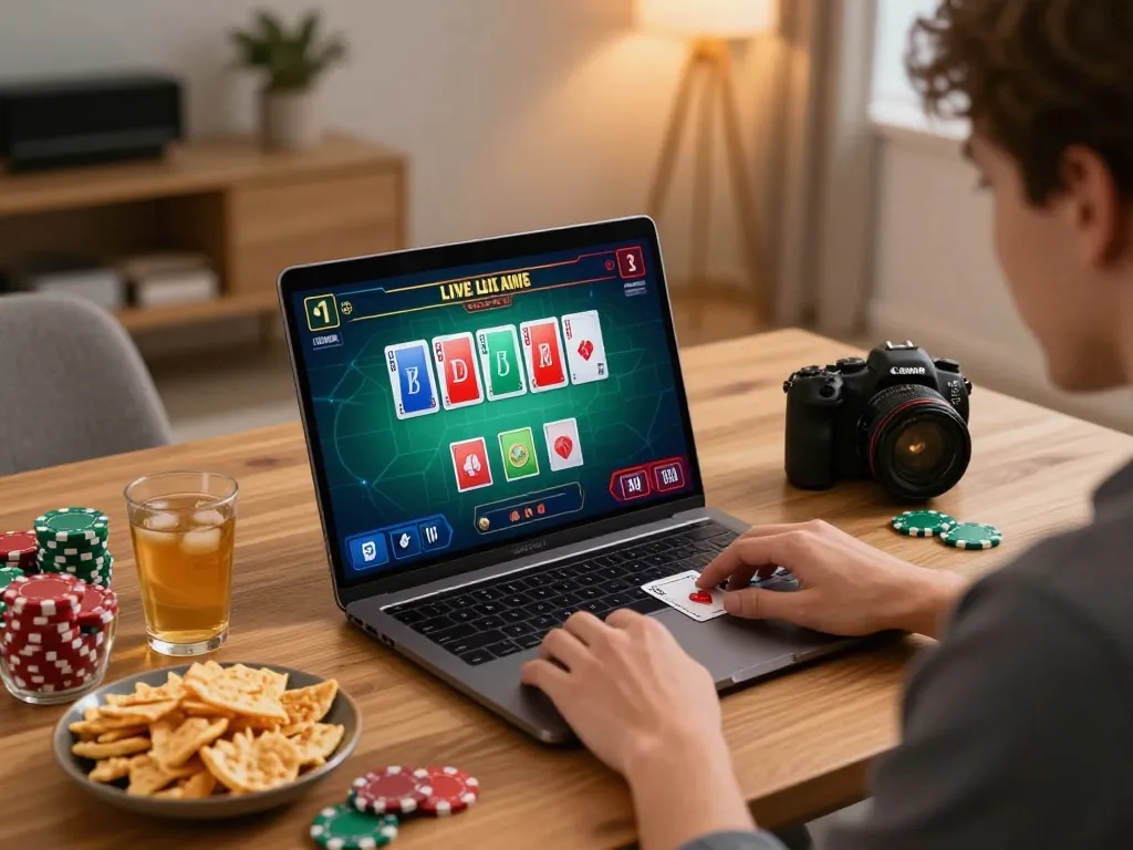 Engaging scene showing a player enjoying live blackjack on vua88sss platform with snacks nearby.