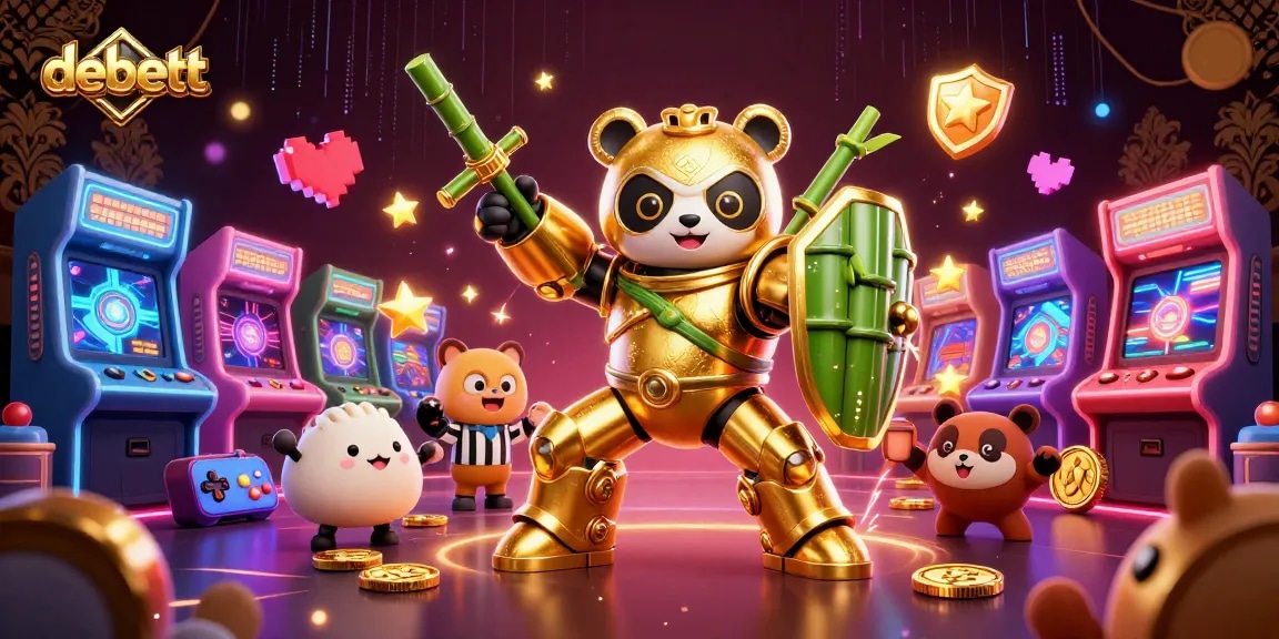Experience the excitement at debett with a colorful 3D casino illustration featuring animated characters and vibrant arcade elements.