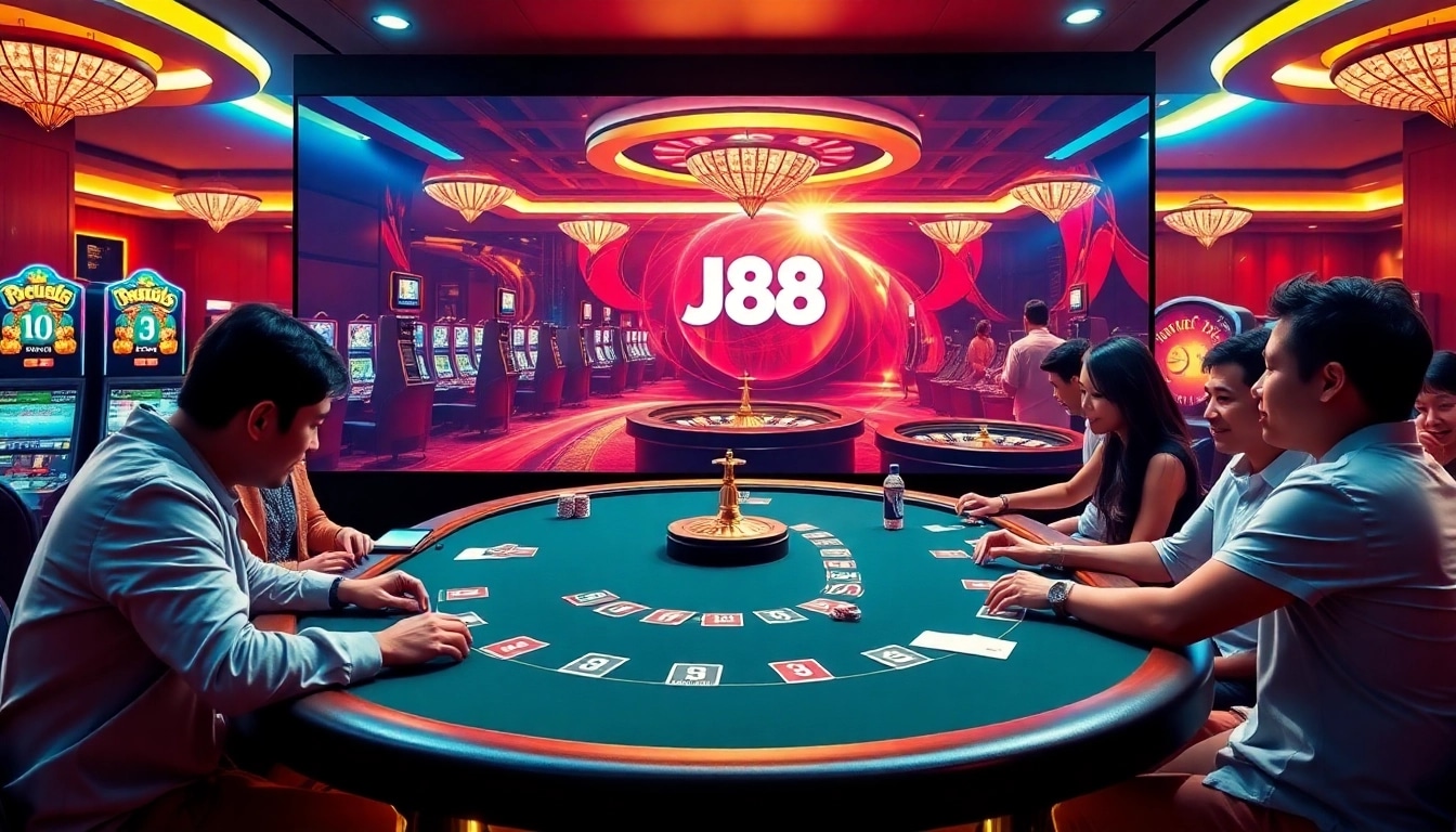 J88 online casino featuring immersive poker tables, vibrant slot machines, and a stylish roulette wheel, highlighting vibrant gaming moments.