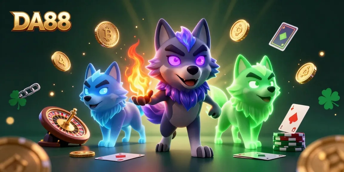 Engage with DA88 in a rich casino scene featuring a shadow wolf leader and glowing crypto coins.