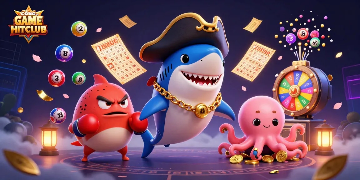 CỔNG GAME HITCLUB showcases an exciting scene with a friendly pirate shark, an angry pufferfish, and an octopus holding gold coins amidst colorful lottery elements.