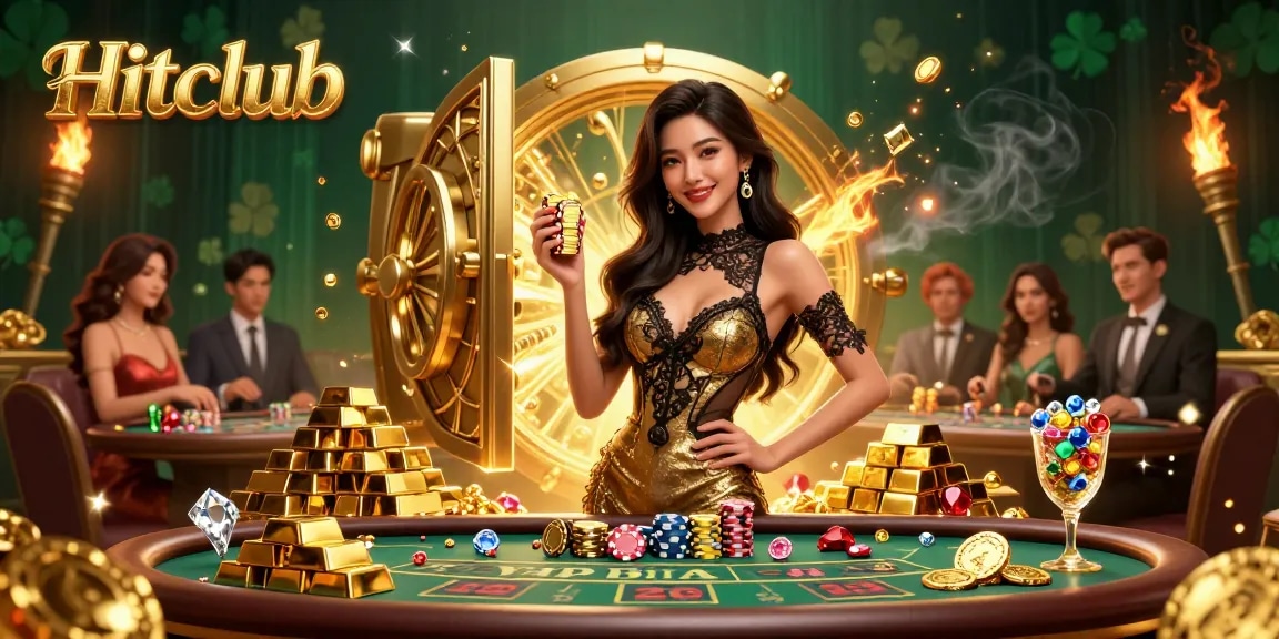 Hitclub players enjoying high-stakes baccarat with golden chips and treasure, vivid casino atmosphere.