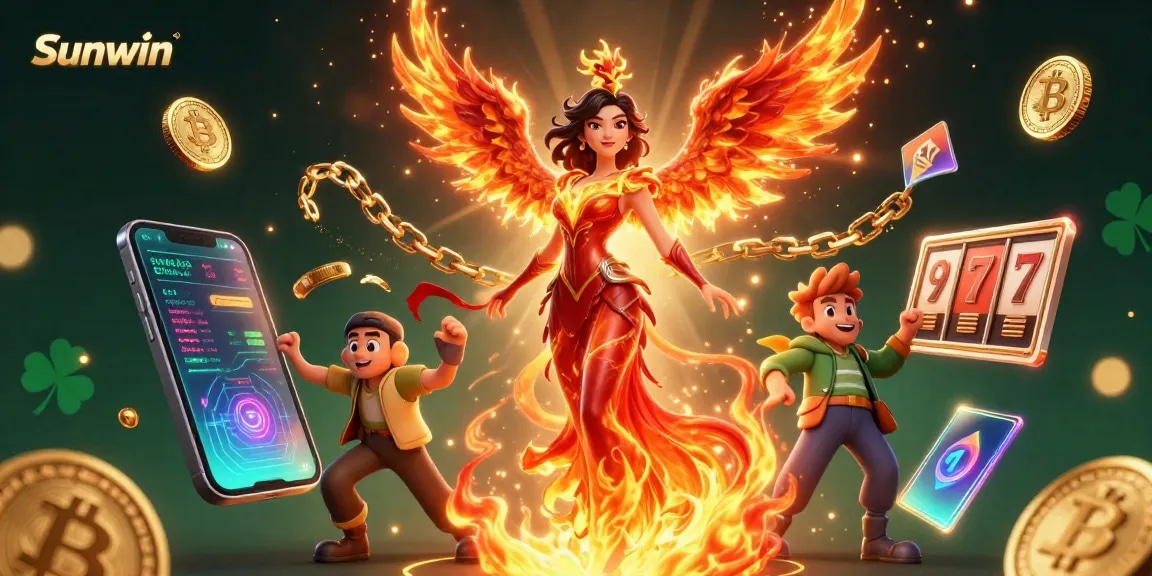 Sunwin players engage with captivating slot games while surrounded by vibrant crypto elements.