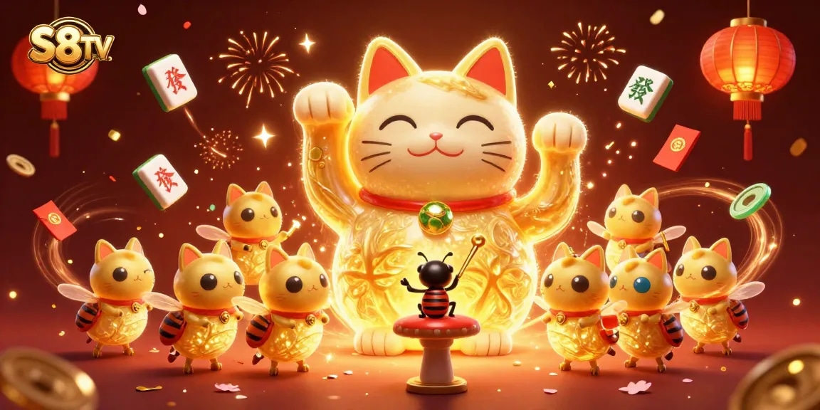 Engage with live sports betting excitement on S8TV, featuring dynamic visuals of a lucky cat and symbols!
