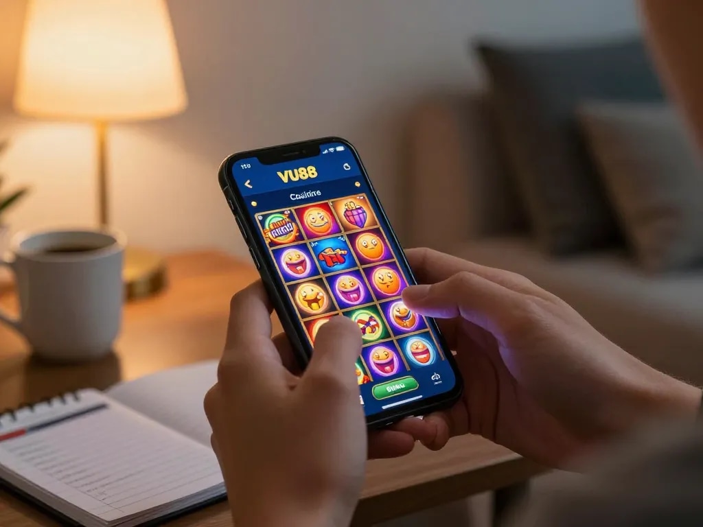 Engaging with VU88 casino app on smartphone during a home gaming session, showcasing strategic gambling.