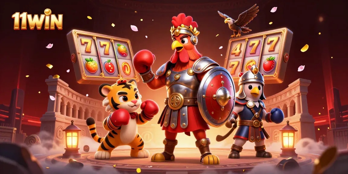 11WIN showcases a vibrant casino scene with a rooster gladiator amidst dynamic slot game elements.