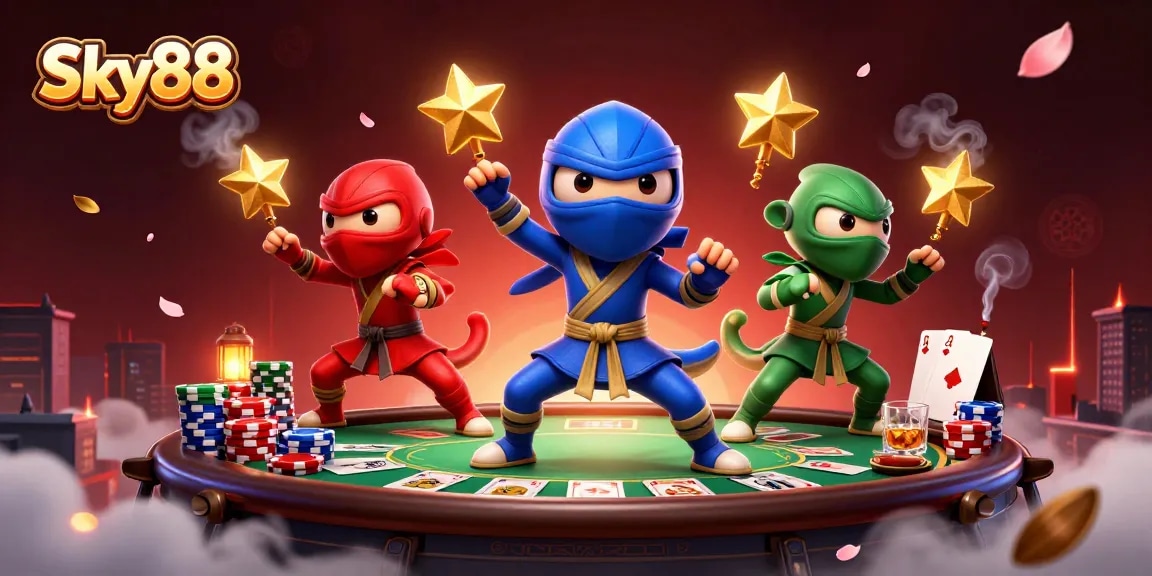 Experience thrilling action at Sky88 with ninja chameleons amidst poker elements in a vibrant casino scene.