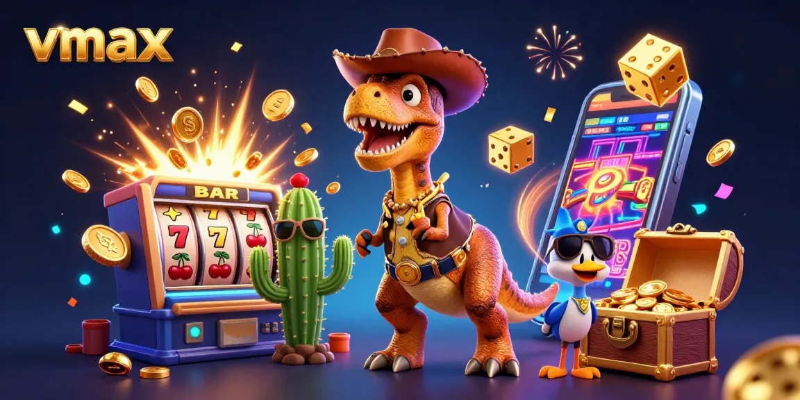Experience thrilling casino action with vmax's cartoon dinosaur and vibrant slot themes.