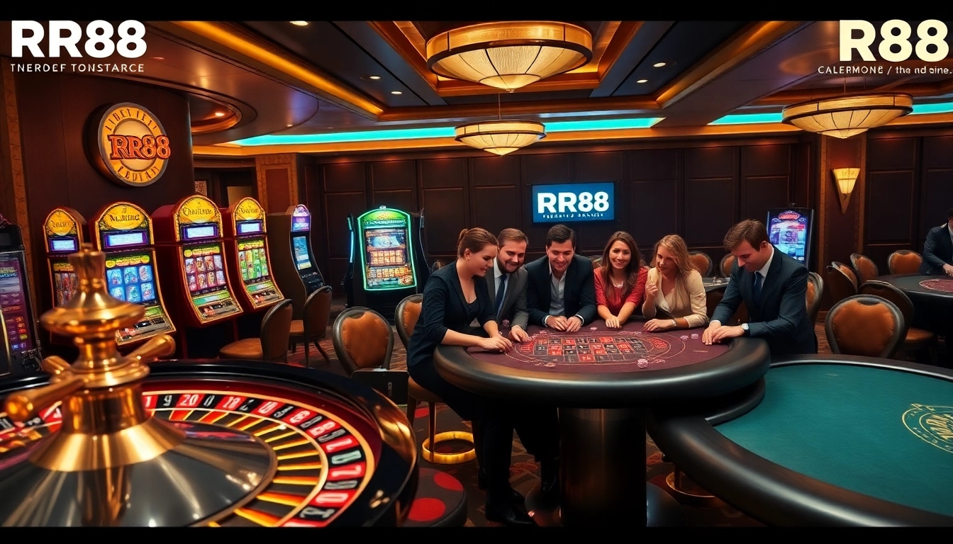 RR88 gamers experiencing excitement at the casino tables with vibrant slot machines.