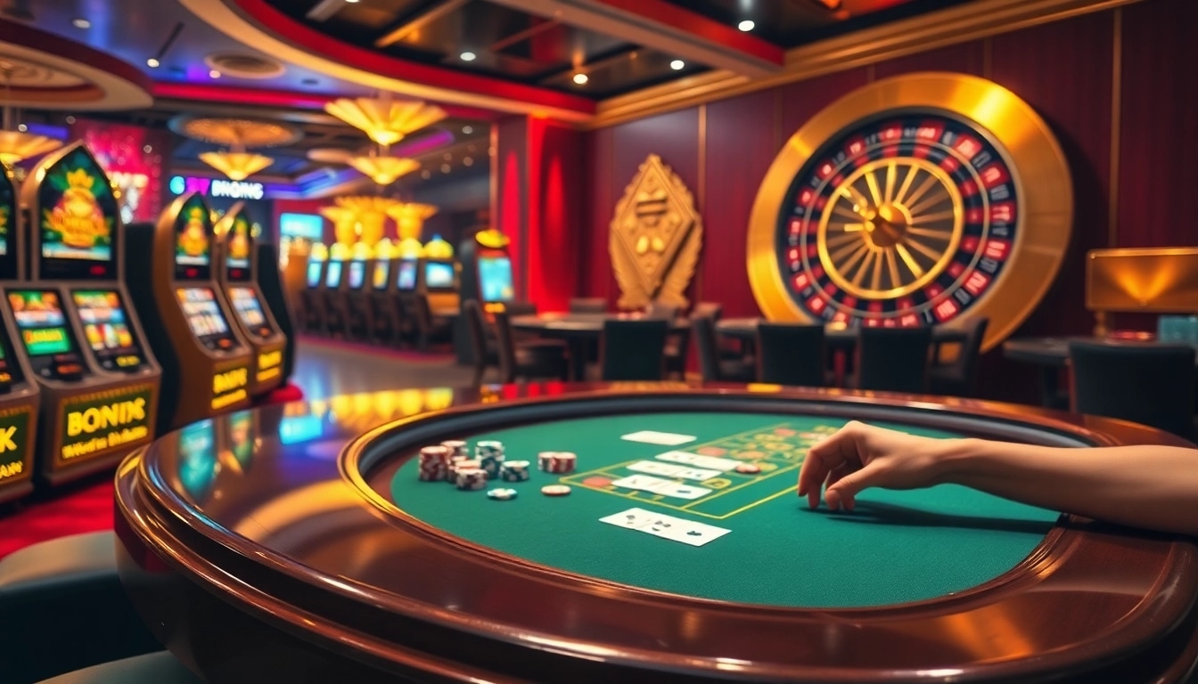 Players enjoying top games at 23win casino, surrounded by vibrant slot machines and poker action.
