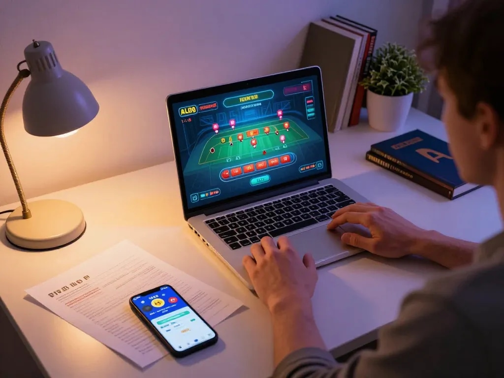 Player enjoying live dealer games on ALO8 with tablet and notes in cozy home setting