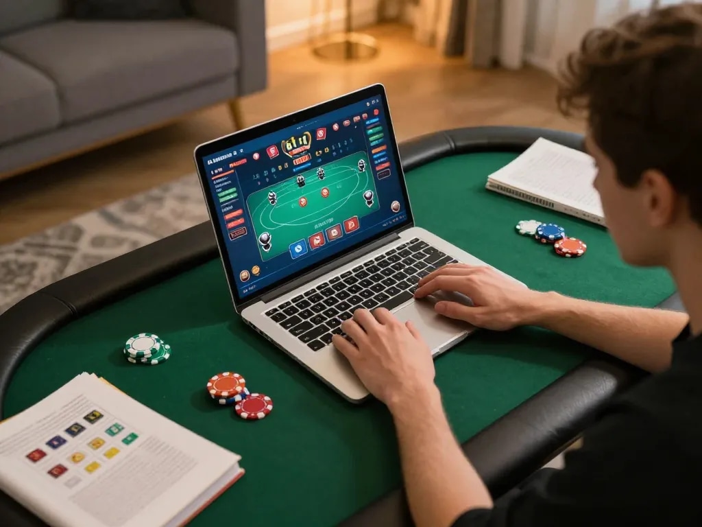 Experience ku bet excitement with a player engaging in online poker gaming at home