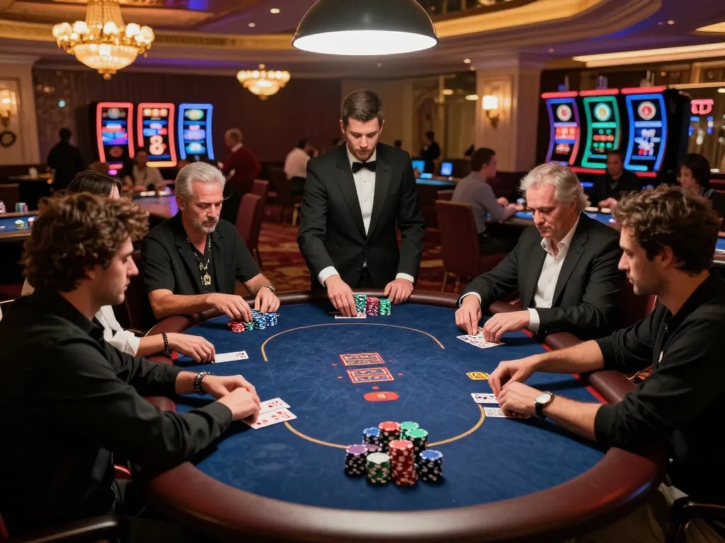 gamebai79 intense poker game in luxurious Vegas casino featuring focused players and colorful chips