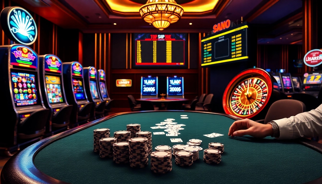 Exciting poker gameplay at s8casino surrounded by bright slot machines and a shining roulette wheel.