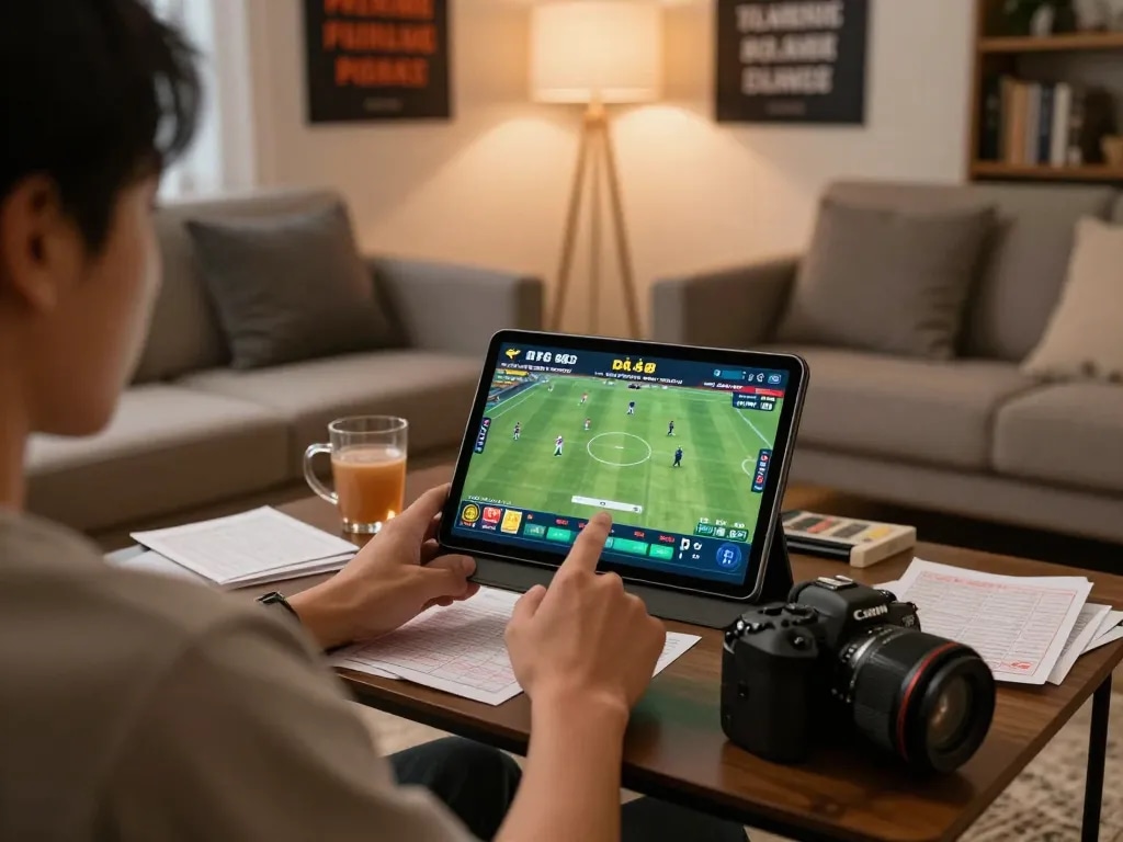 Engaged player watching ĐÁ GÀ 88 live match on tablet, surrounded by betting notes in cozy living room.