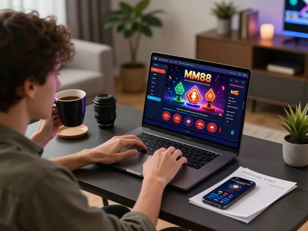 Engaging online casino gaming with MM88, showcasing strategic betting on a laptop in a cozy environment.