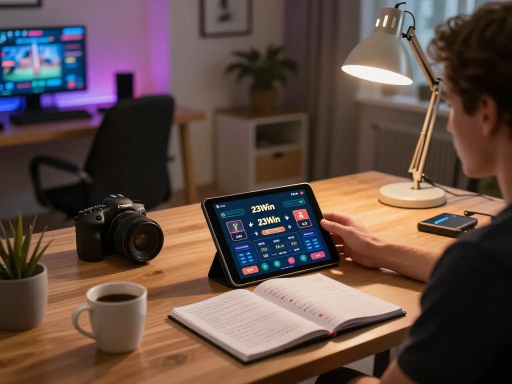 Engage with 23Win casino app on tablet in a cozy home gaming setup