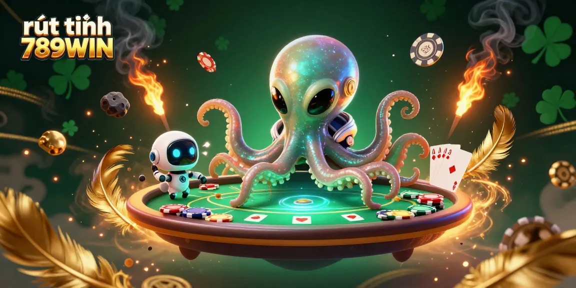 Experience rút tiền 789WIN excitement with a dynamic 3D poker scene featuring an otherworldly octopus.