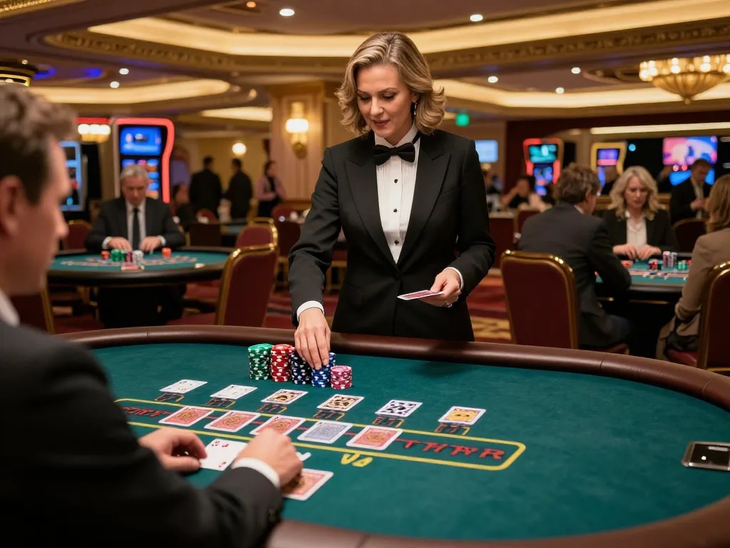 Player making a strategic blackjack bet at hm88 casino with dealer presenting cards in an elegant setting