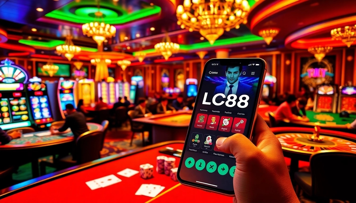 Experience thrilling gameplay at LC88, showcasing vibrant casino action with poker chips and a roulette wheel.